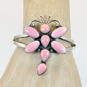 Dragonfly Bracelet: Sterling Silver Pink Conch Shell Vintage Cuff Handcrafted